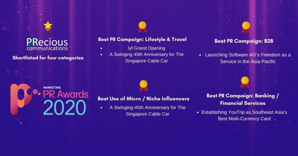 PRecious is shortlisted for four categories at the PR Awards 2020 by MARKETING magazine. They include Lifestyle & Travel, B2B, Banking & Financial Services and Best Use of Micro / Niche Influencers.