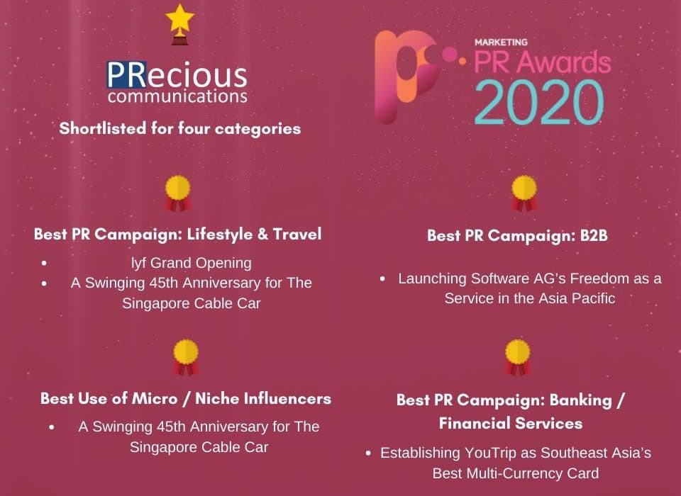 PRecious is shortlisted for four categories at the PR Awards 2020 by MARKETING magazine. They include Lifestyle & Travel, B2B, Banking & Financial Services and Best Use of Micro / Niche Influencers.