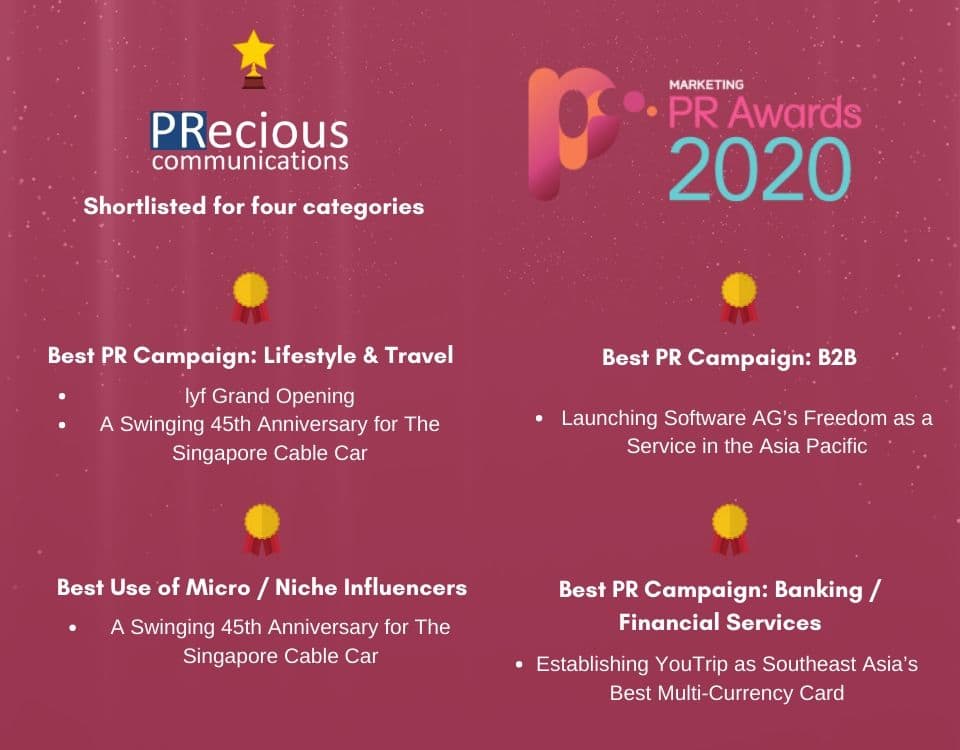 PRecious is shortlisted for four categories at the PR Awards 2020 by MARKETING magazine. They include Lifestyle & Travel, B2B, Banking & Financial Services and Best Use of Micro / Niche Influencers.