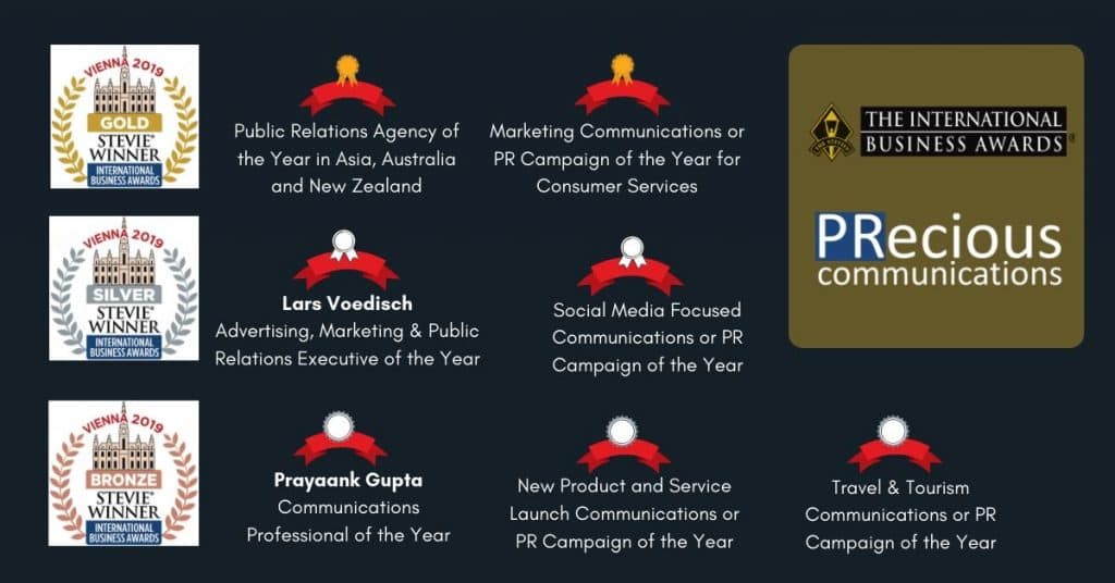PRecious Communications Wins Multiple Gold Stevie Awards in 2019 including Public Relations Agency of the Year for Asia, Australia and New Zealand