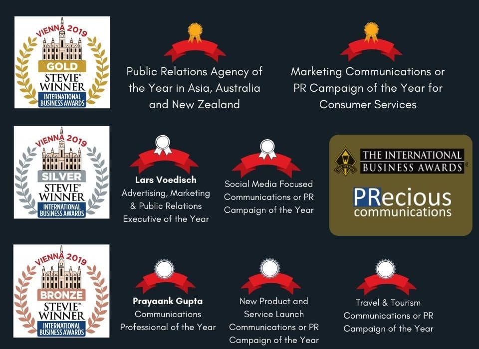 PRecious Communications Wins Multiple Gold Stevie Awards in 2019 including Public Relations Agency of the Year for Asia, Australia and New Zealand